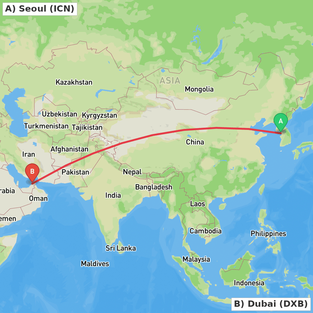 Flight route map from Seoul to Dubai