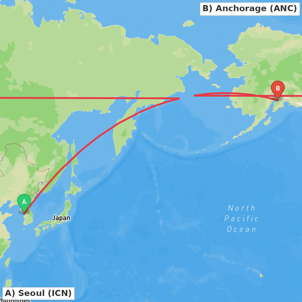 Flight route map from Seoul to Anchorage