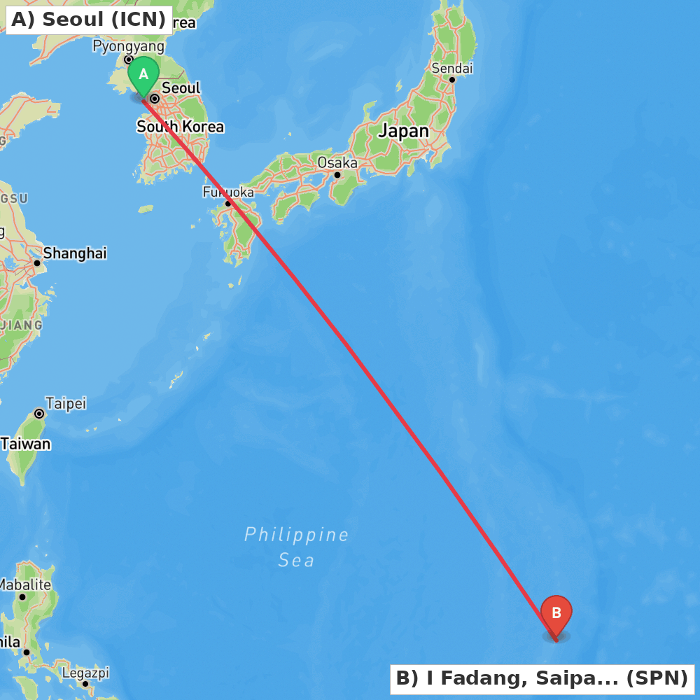 Flight route map from Seoul to I Fadang, Saipan