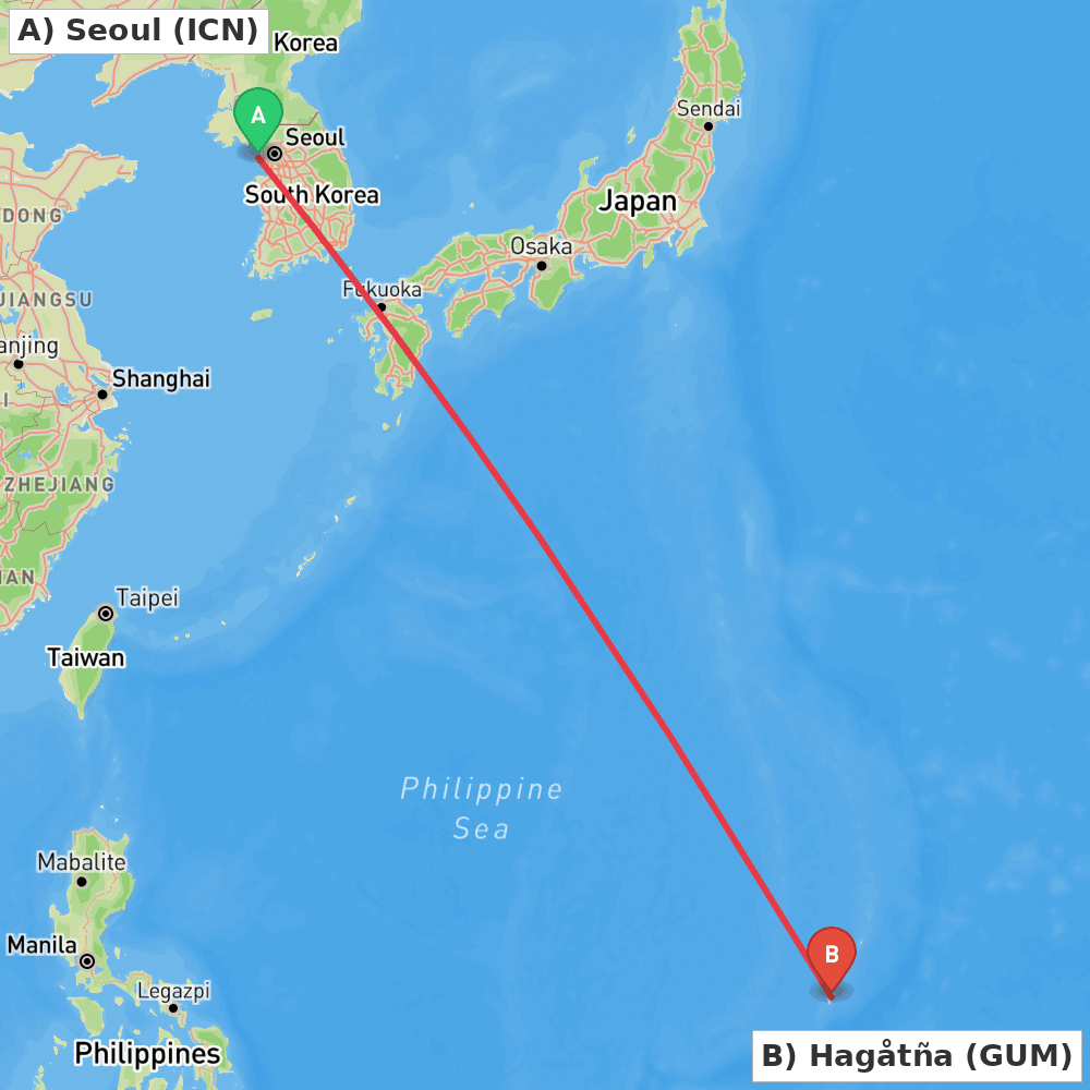 Flight route map from Seoul to Hagåtña