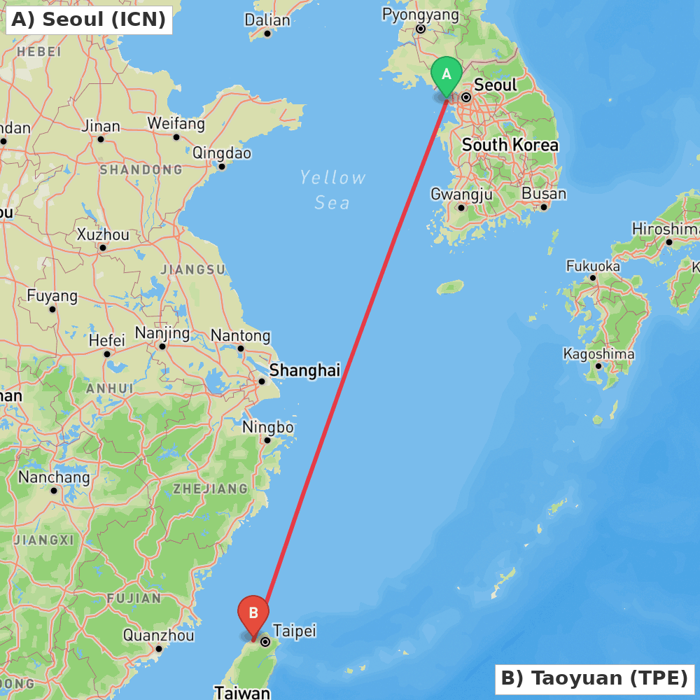 Flight route map from Seoul to Taoyuan
