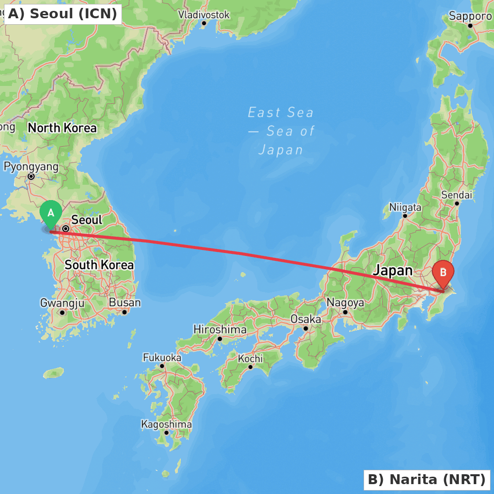 Flight route map from Seoul to Narita