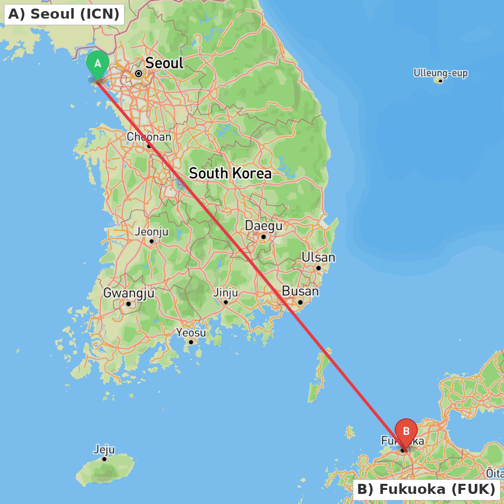 Flight route map from Seoul to Fukuoka