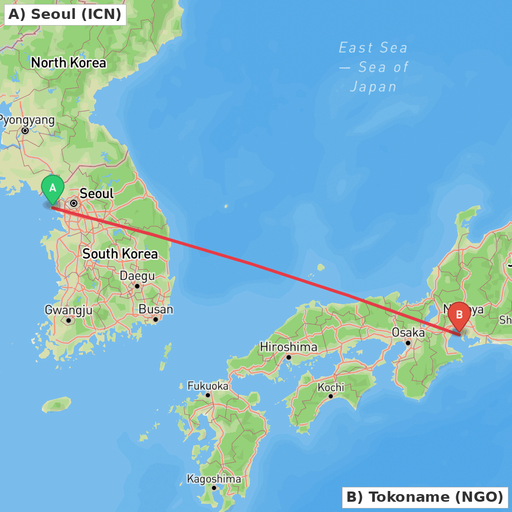 Flight route map from Seoul to Tokoname