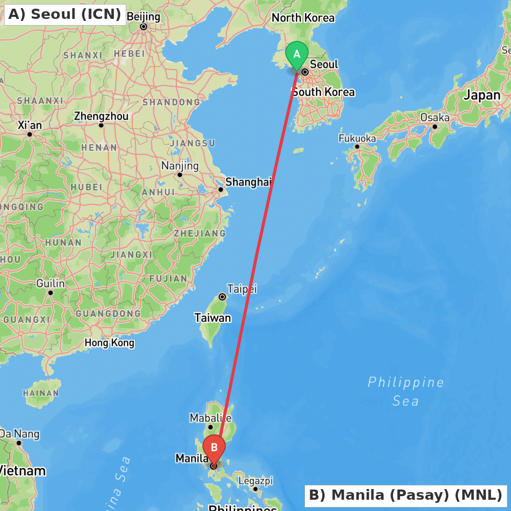 Flight route map from Seoul to Manila (Pasay)
