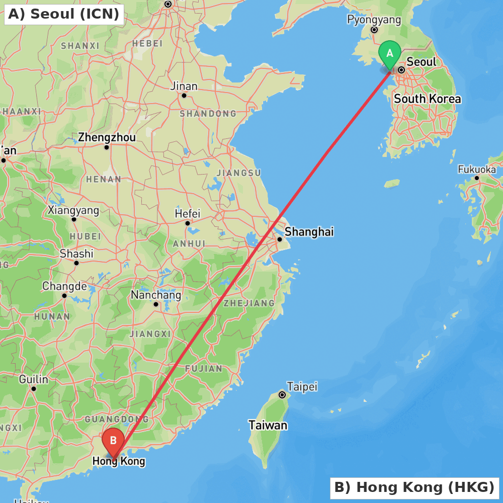 Flight route map from Seoul to Hong Kong