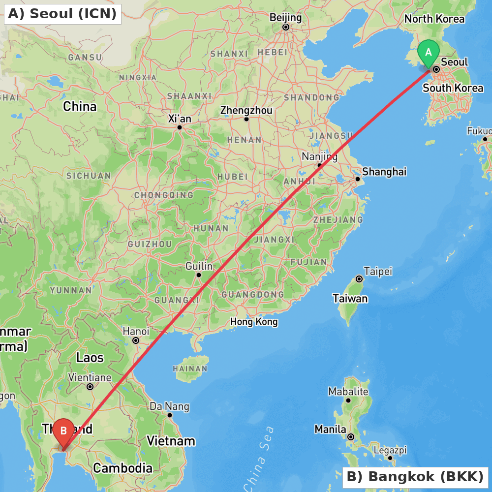 Flight route map from Seoul to Bangkok