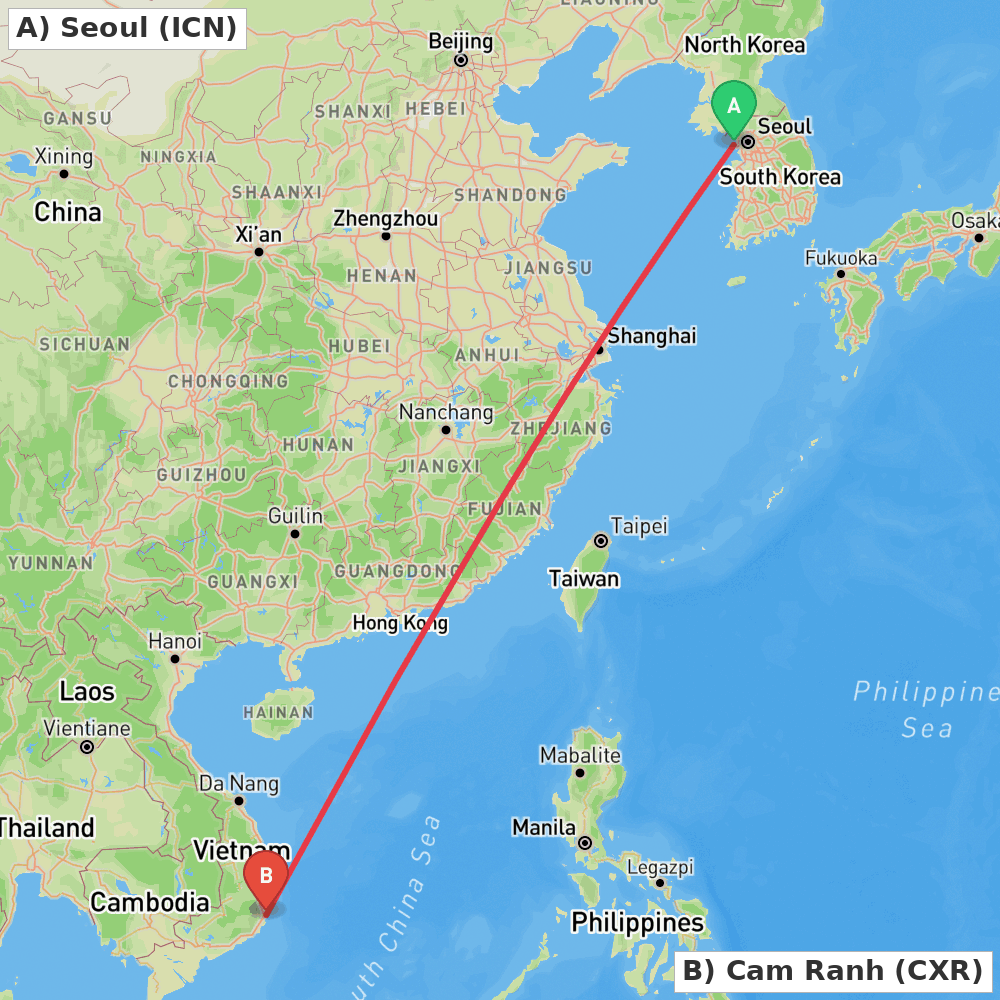 Flight route map from Seoul to Cam Ranh