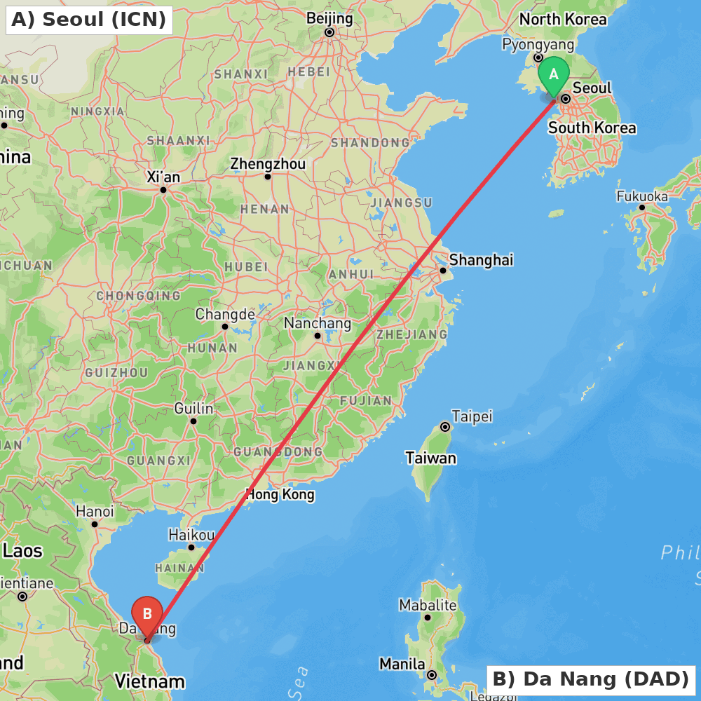 Flight route map from Seoul to Da Nang