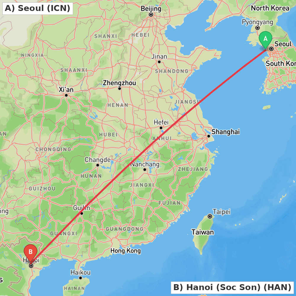 Flight route map from Seoul to Hanoi (Soc Son)