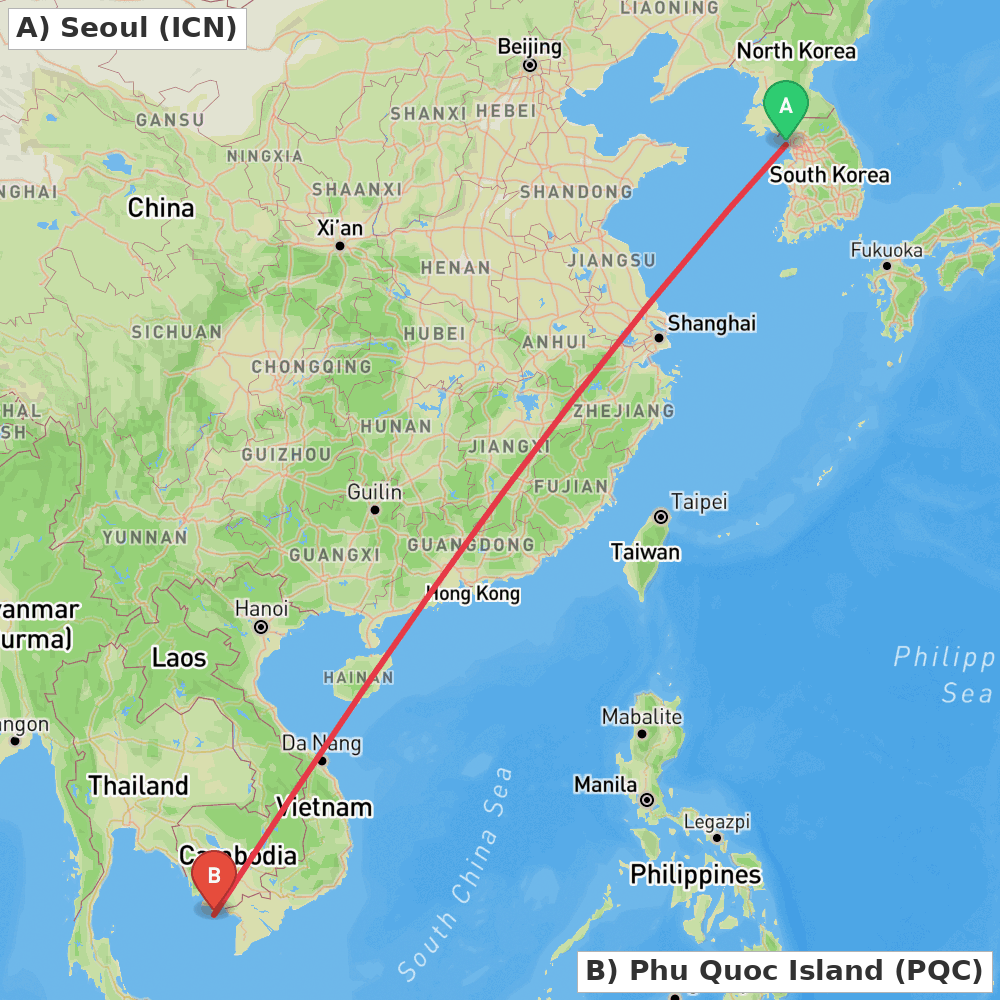 Flight route map from Seoul to Phu Quoc Island