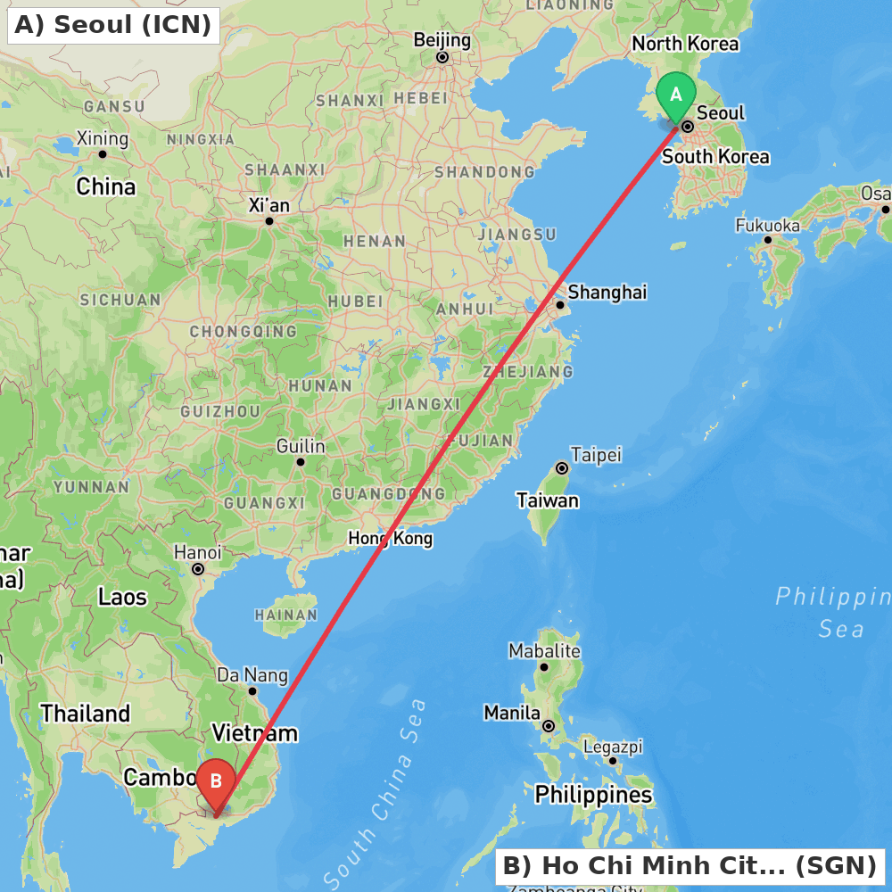 Flight route map from Seoul to Ho Chi Minh City