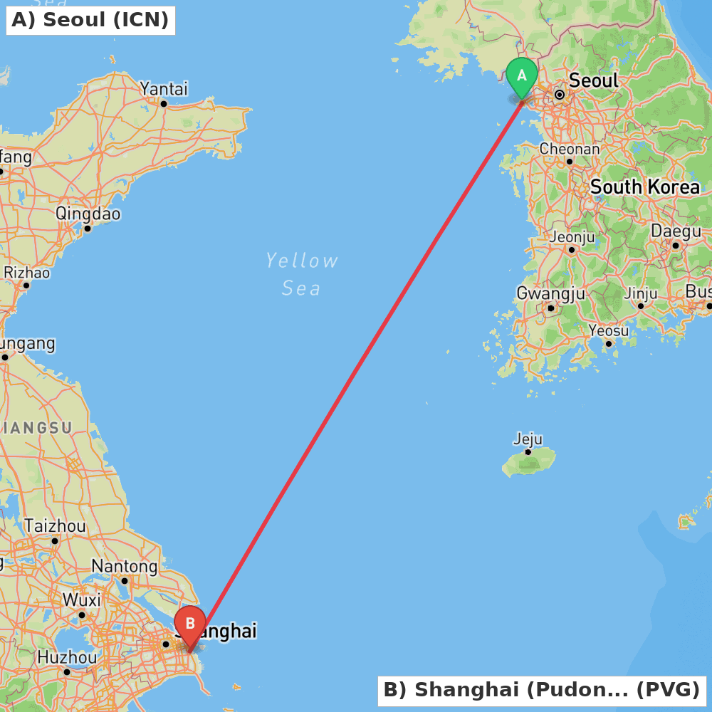 Flight route map from Seoul to Shanghai (Pudong)