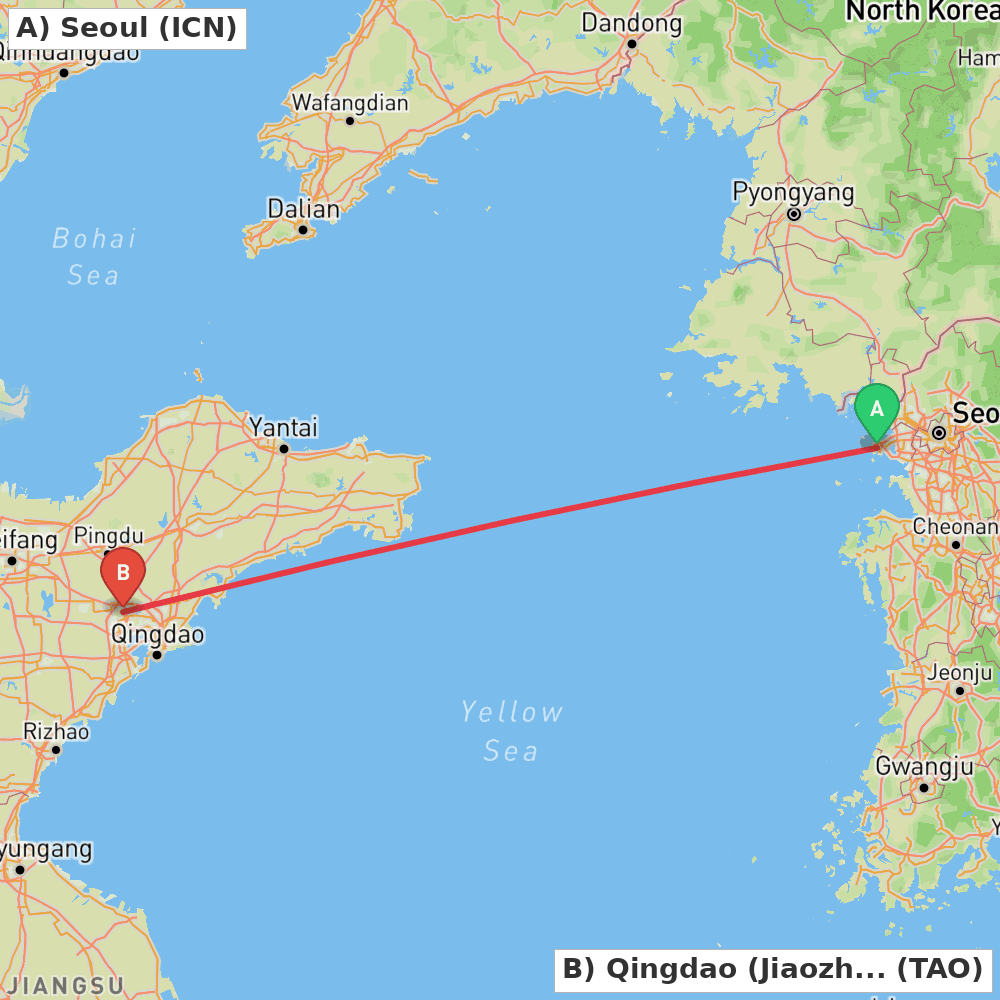Flight route map from Seoul to Qingdao (Jiaozhou)