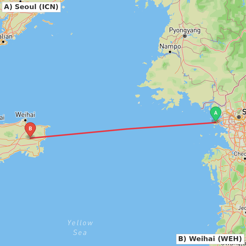 Flight route map from Seoul to Weihai
