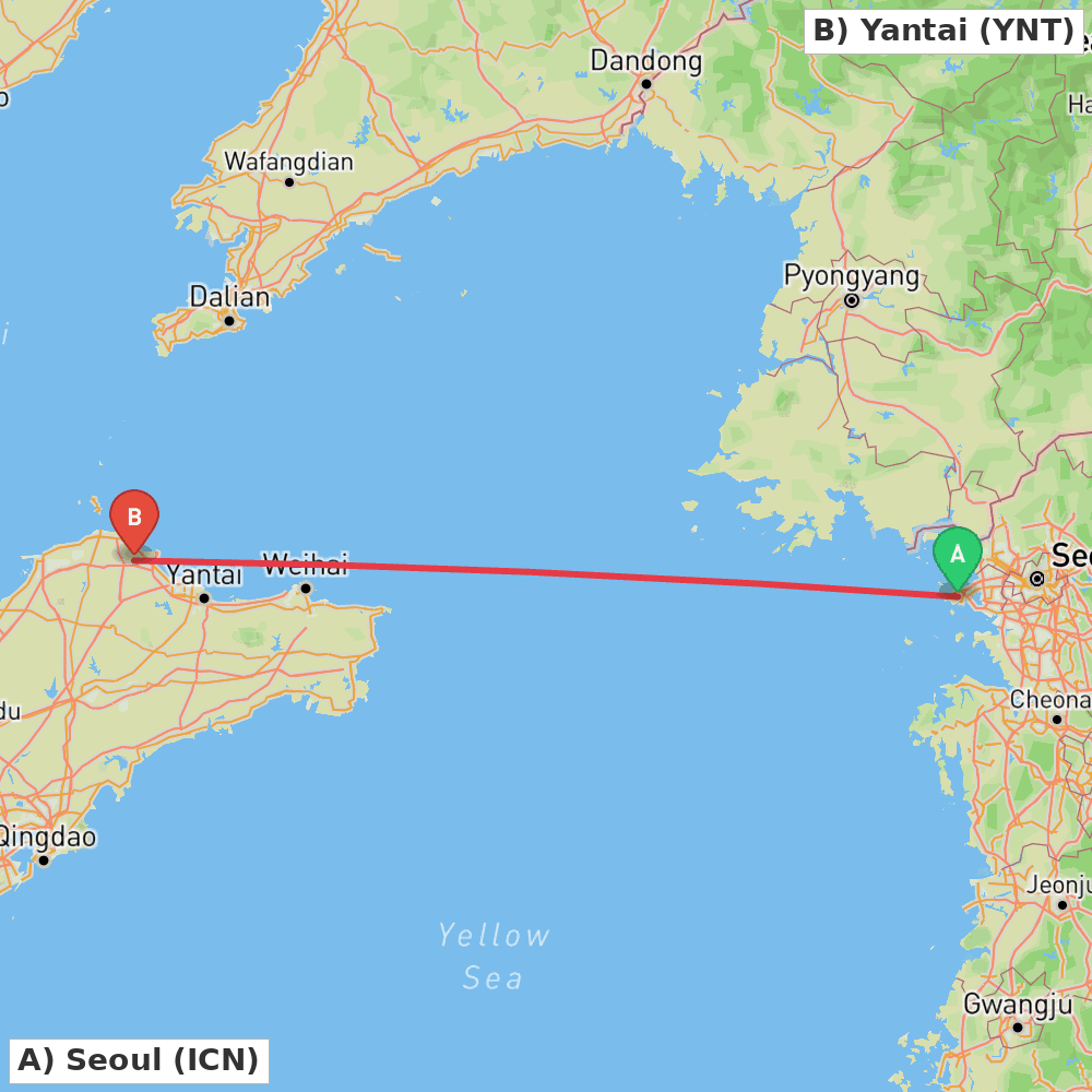 Flight route map from Seoul to Yantai