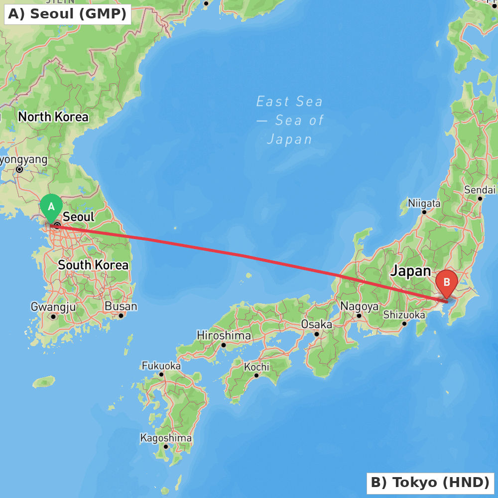 Flight route map from Seoul to Tokyo