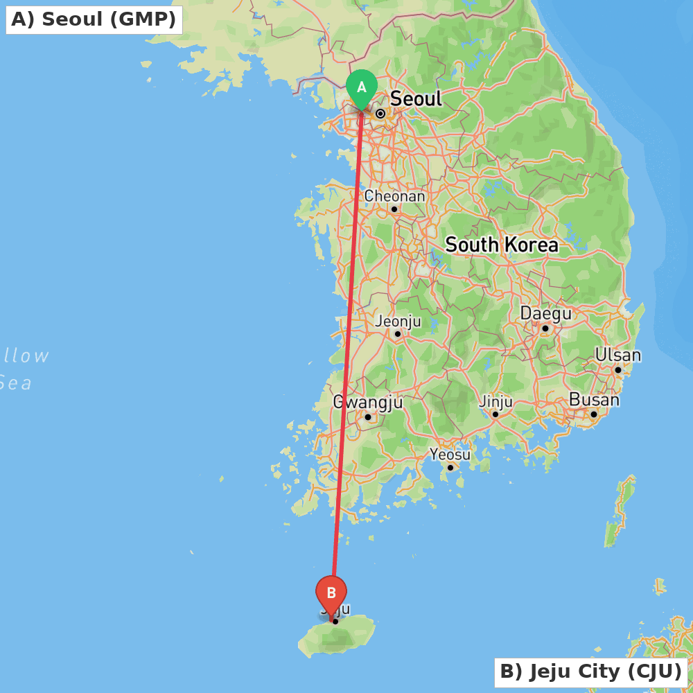 Flight route map from Seoul to Jeju City