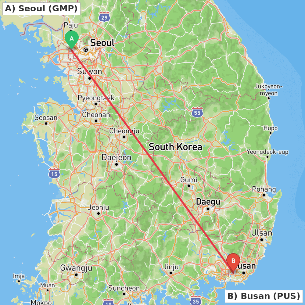 Flight route map from Seoul to Busan