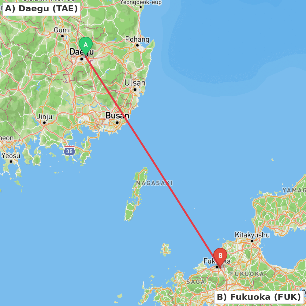 Flight route map from Daegu to Fukuoka