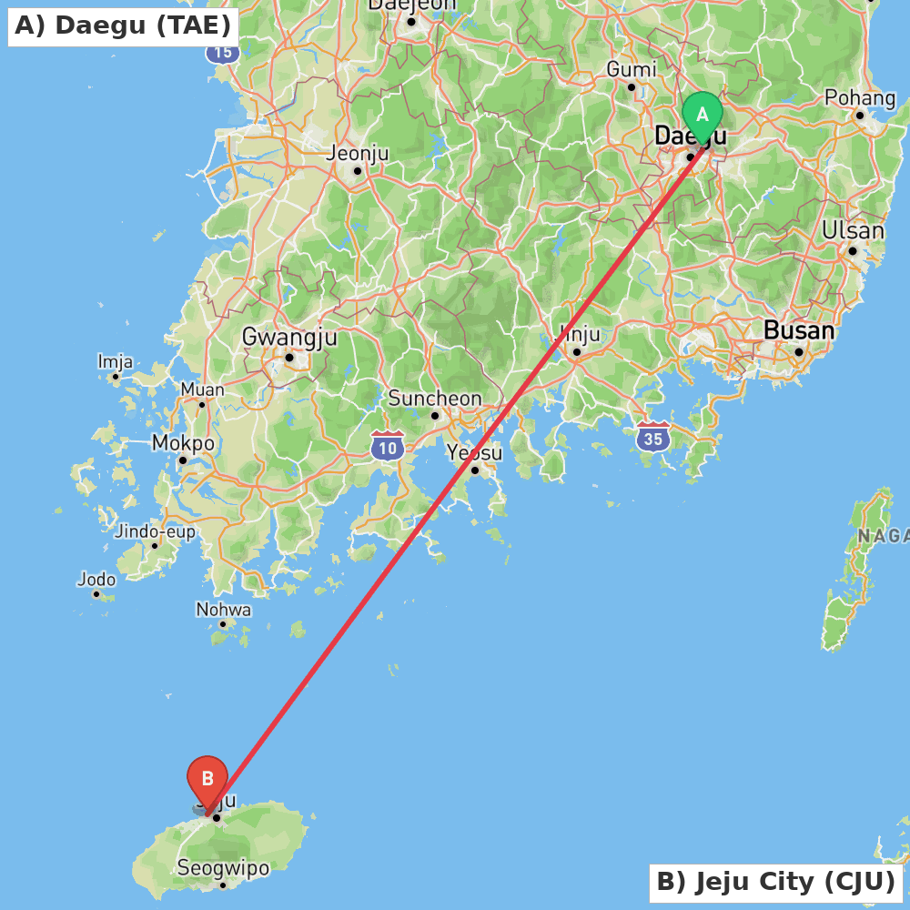 Flight route map from Daegu to Jeju City