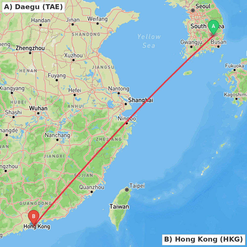 Flight route map from Daegu to Hong Kong