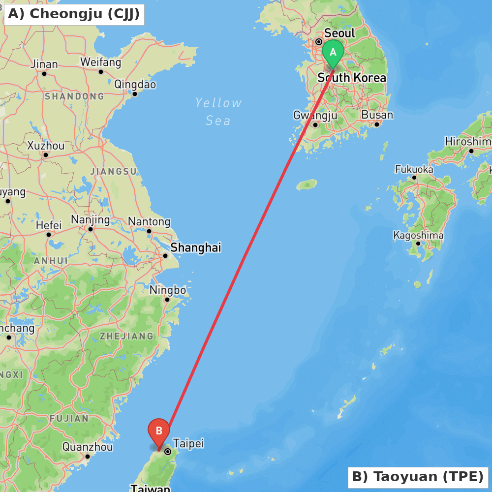 Flight route map from Cheongju to Taoyuan