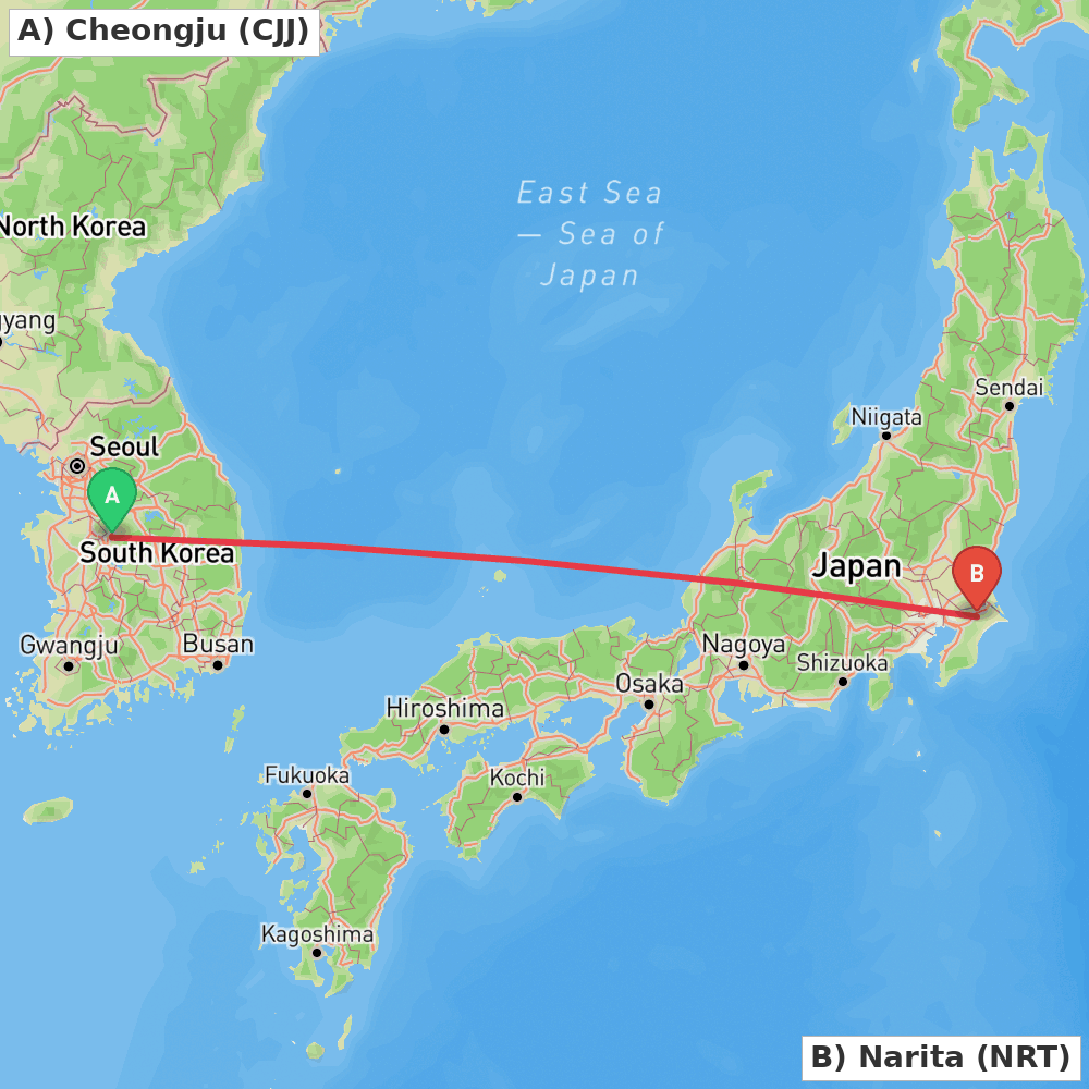 Flight route map from Cheongju to Narita