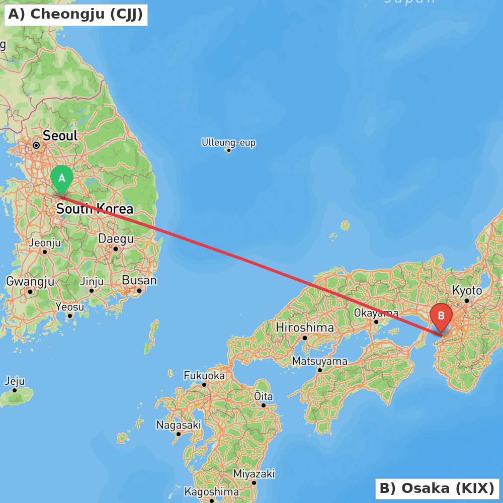 Flight route map from Cheongju to Osaka