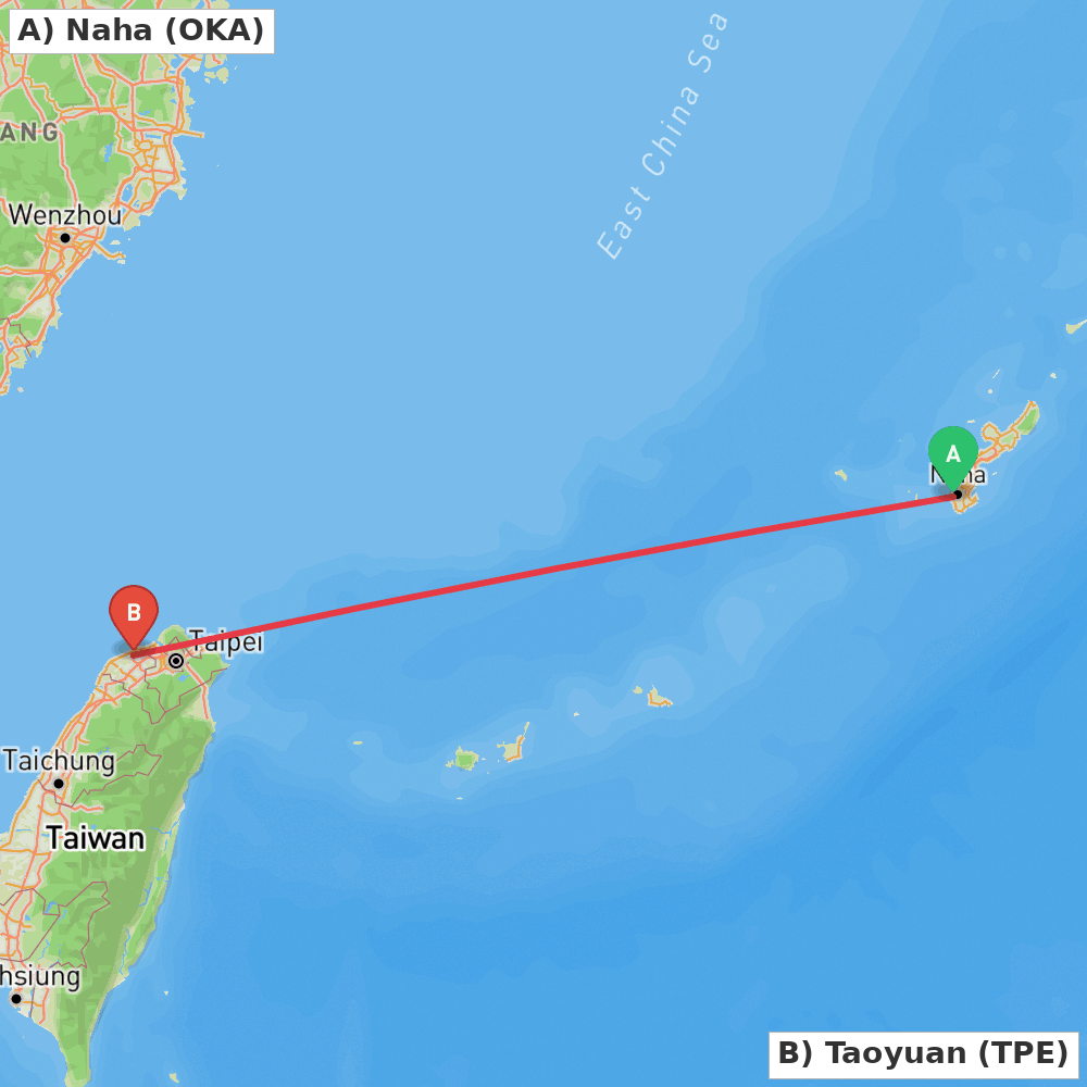 Flight route map from Naha to Taoyuan