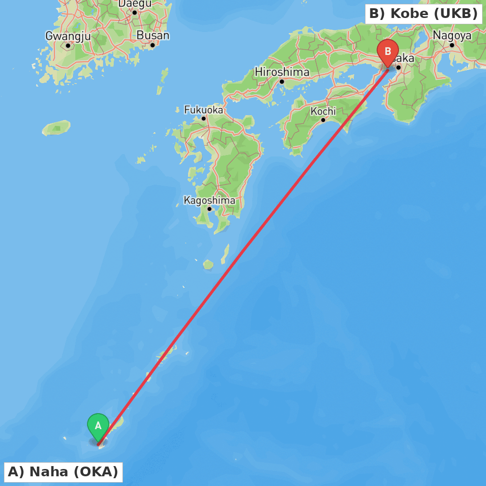 Flight route map from Naha to Kobe