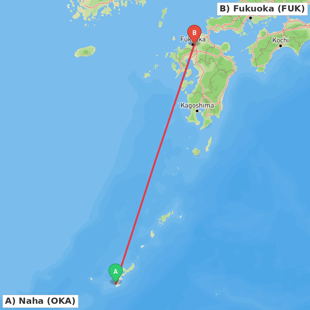 Flight route map from Naha to Fukuoka
