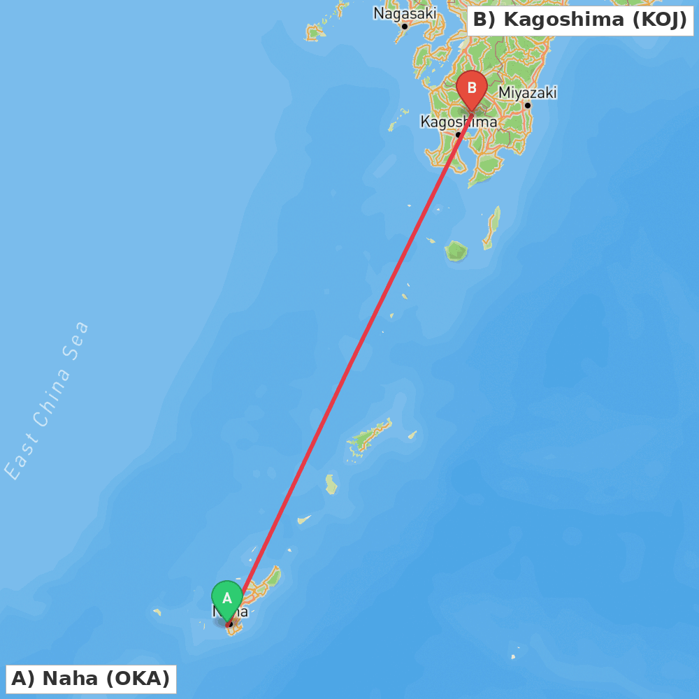 Flight route map from Naha to Kagoshima