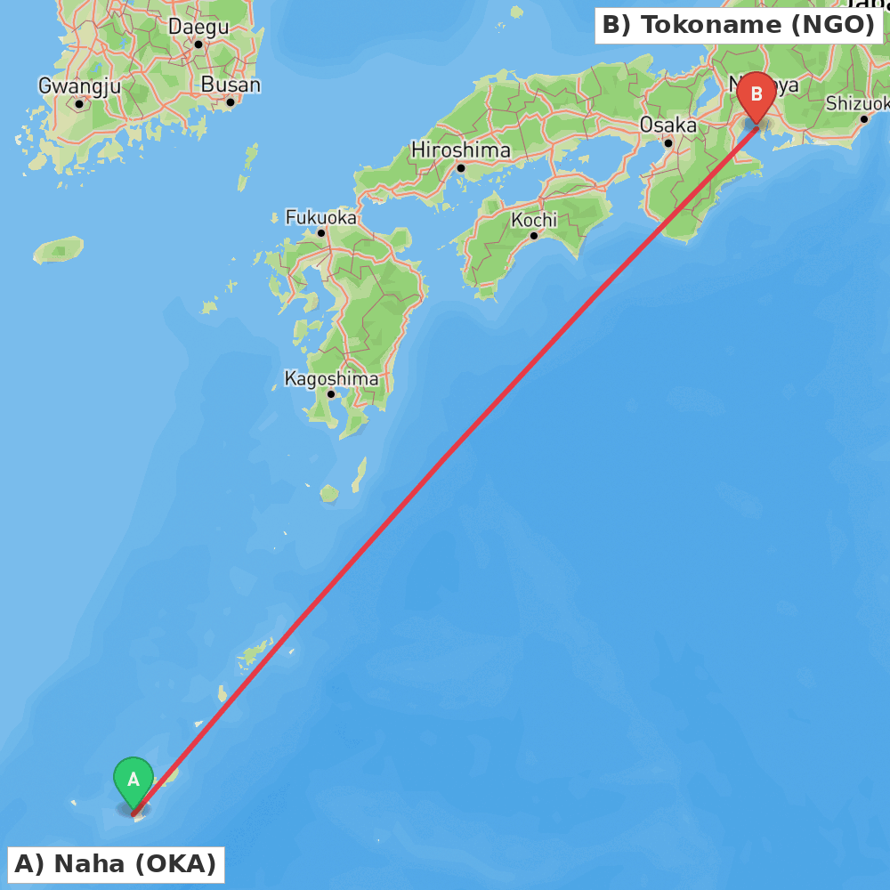 Flight route map from Naha to Tokoname