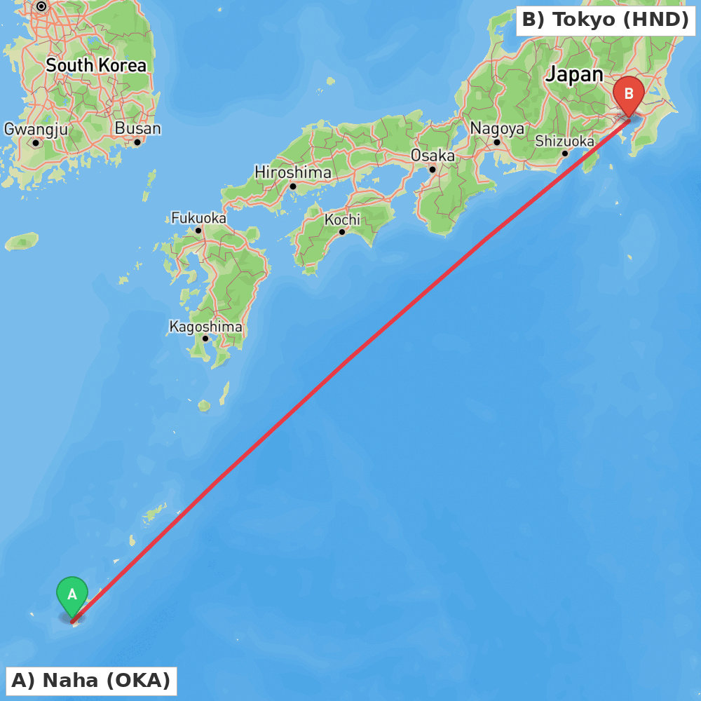 Flight route map from Naha to Tokyo