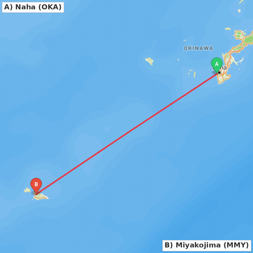 Flight route map from Naha to Miyakojima