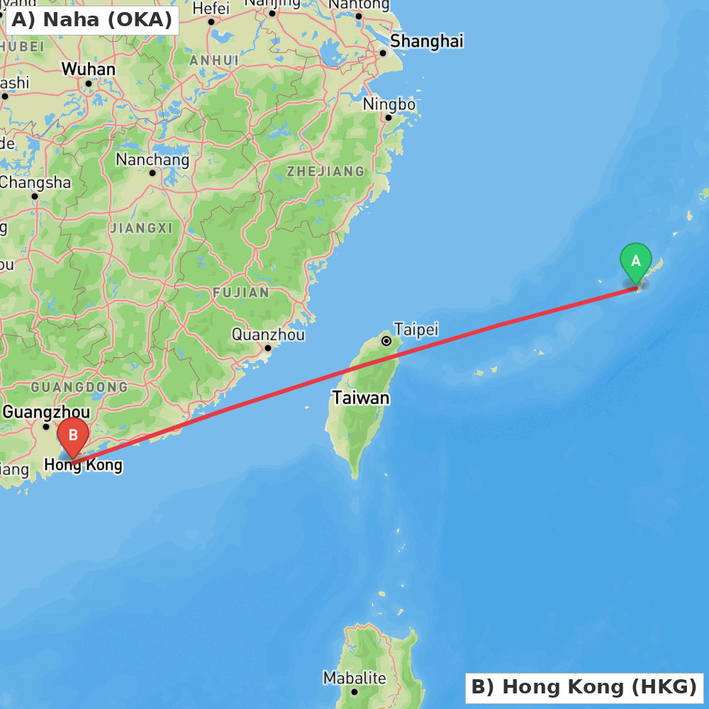 Flight route map from Naha to Hong Kong