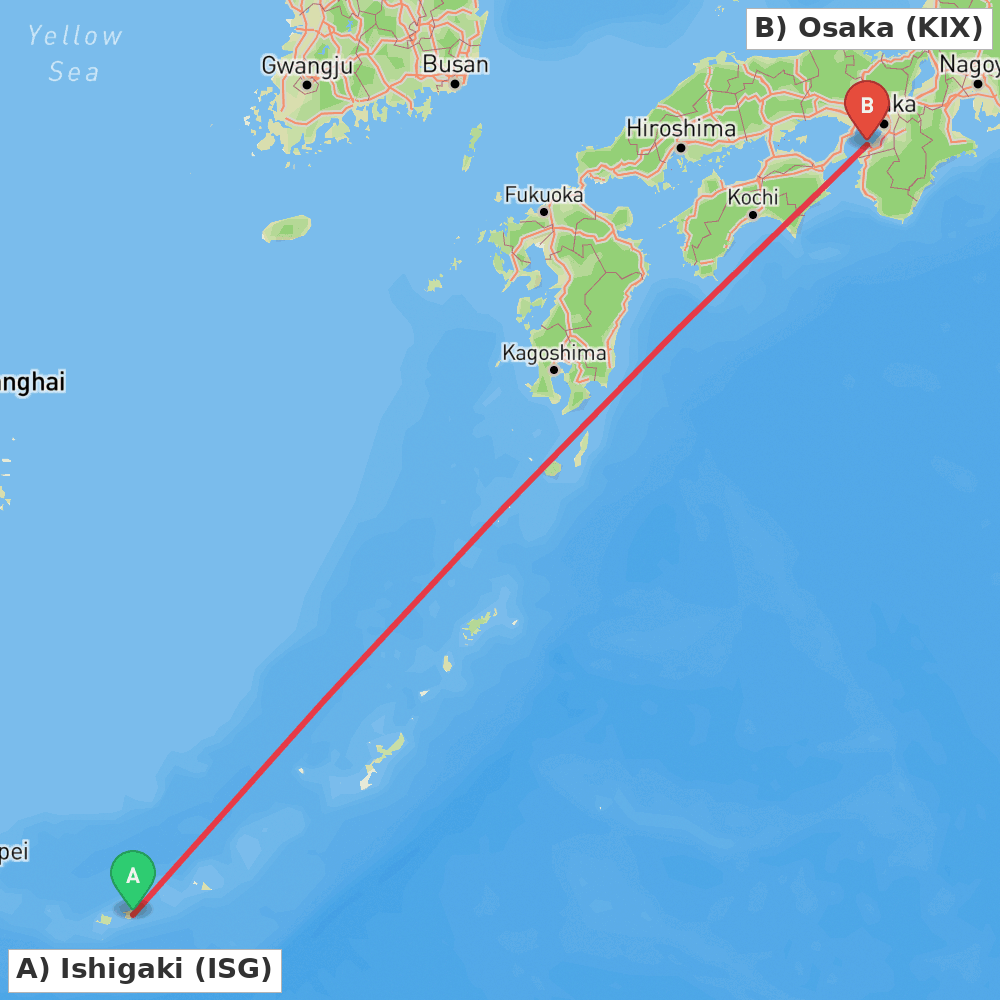 Flight route map from Ishigaki to Osaka