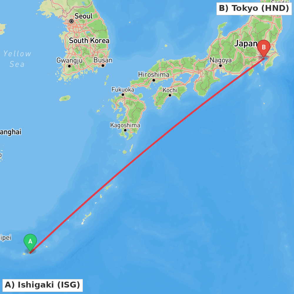 Flight route map from Ishigaki to Tokyo