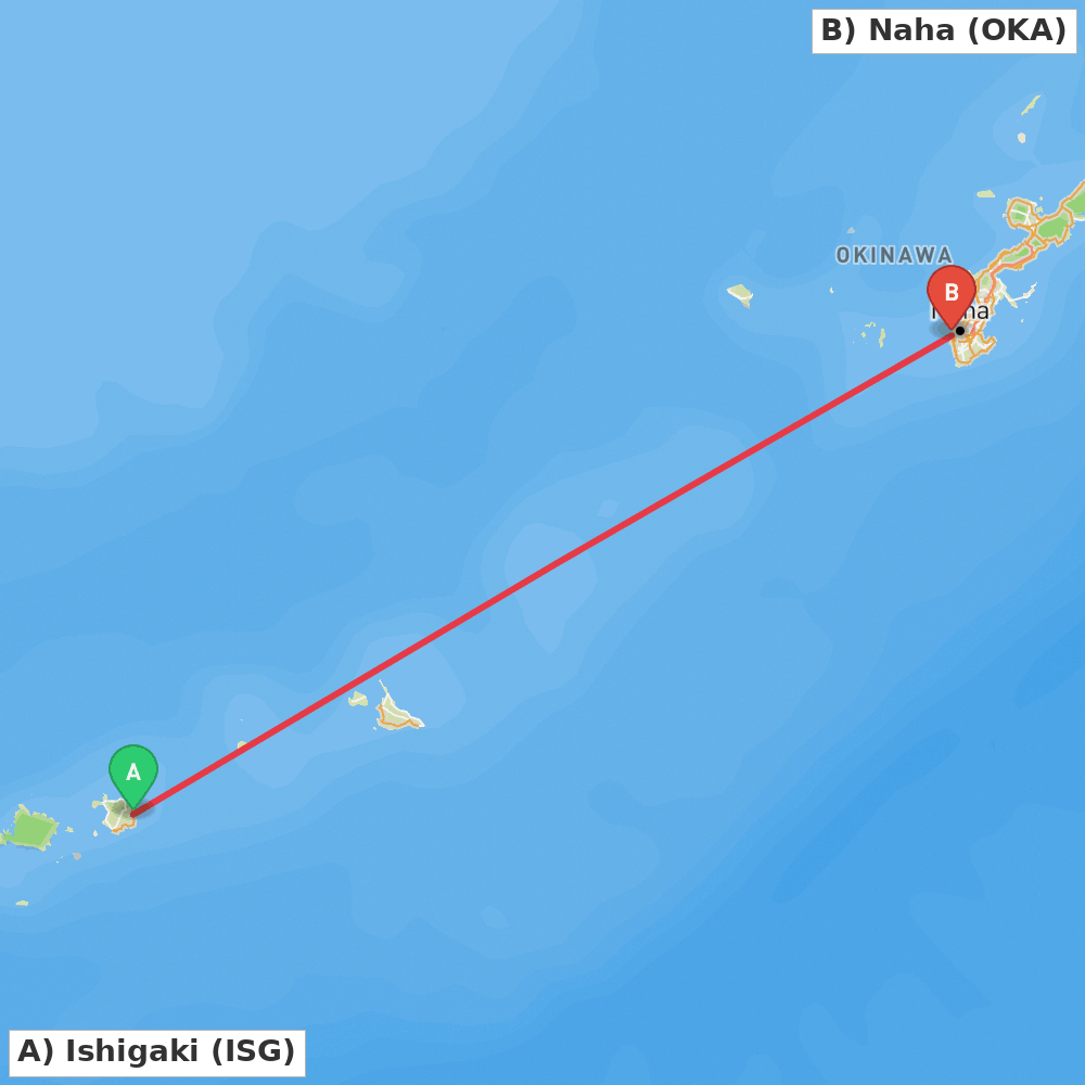 Flight route map from Ishigaki to Naha