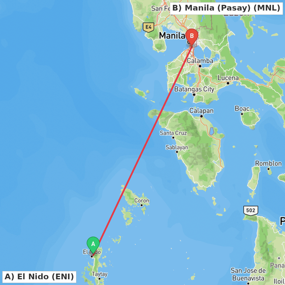 Flight route map from El Nido to Manila (Pasay)