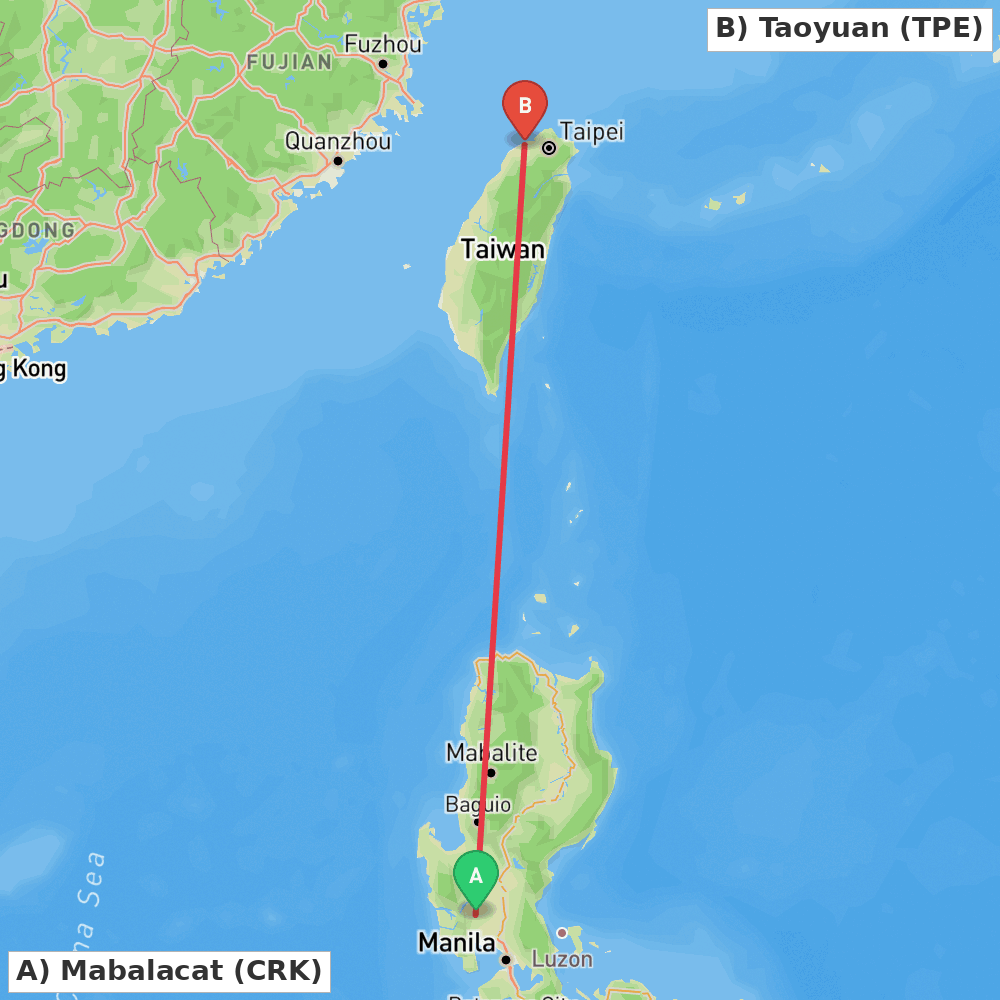 Flight route map from Mabalacat to Taoyuan