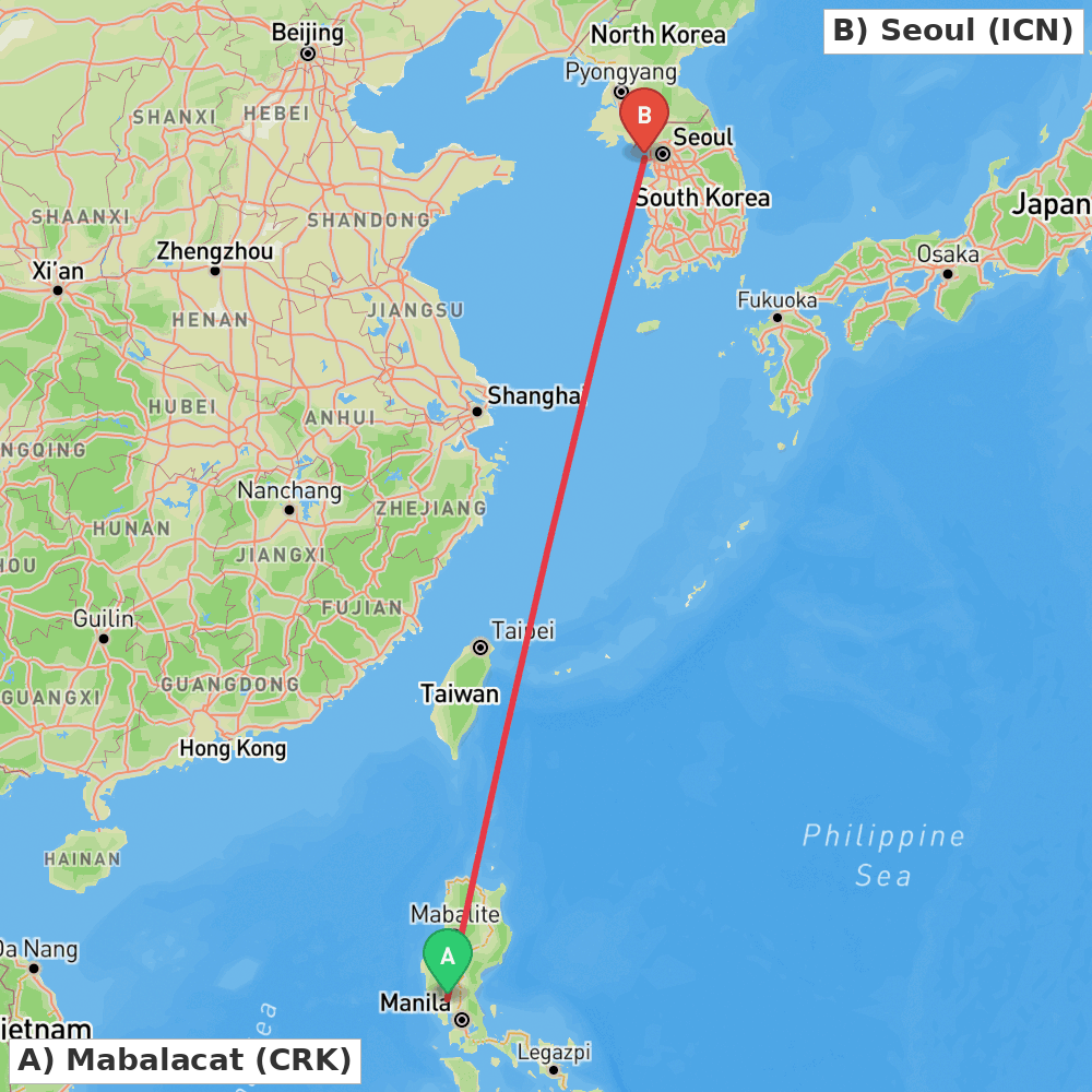 Flight route map from Mabalacat to Seoul