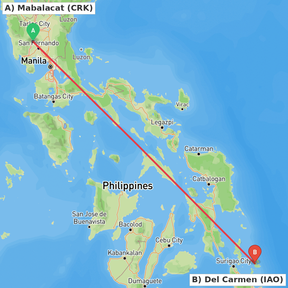 Flight route map from Mabalacat to Del Carmen