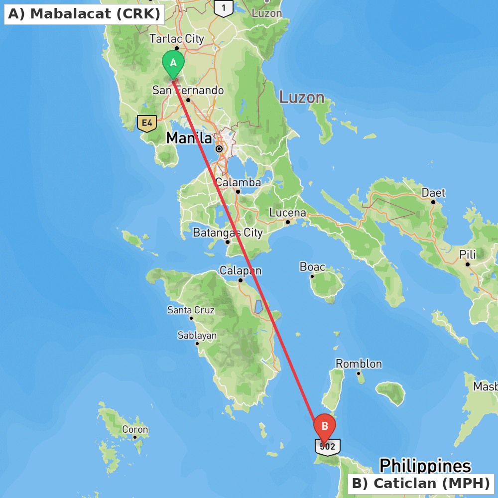 Flight route map from Mabalacat to Caticlan