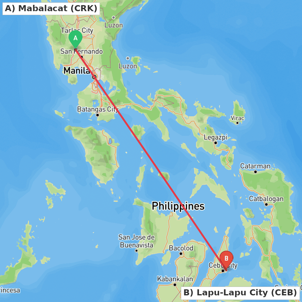 Flight route map from Mabalacat to Lapu-Lapu City