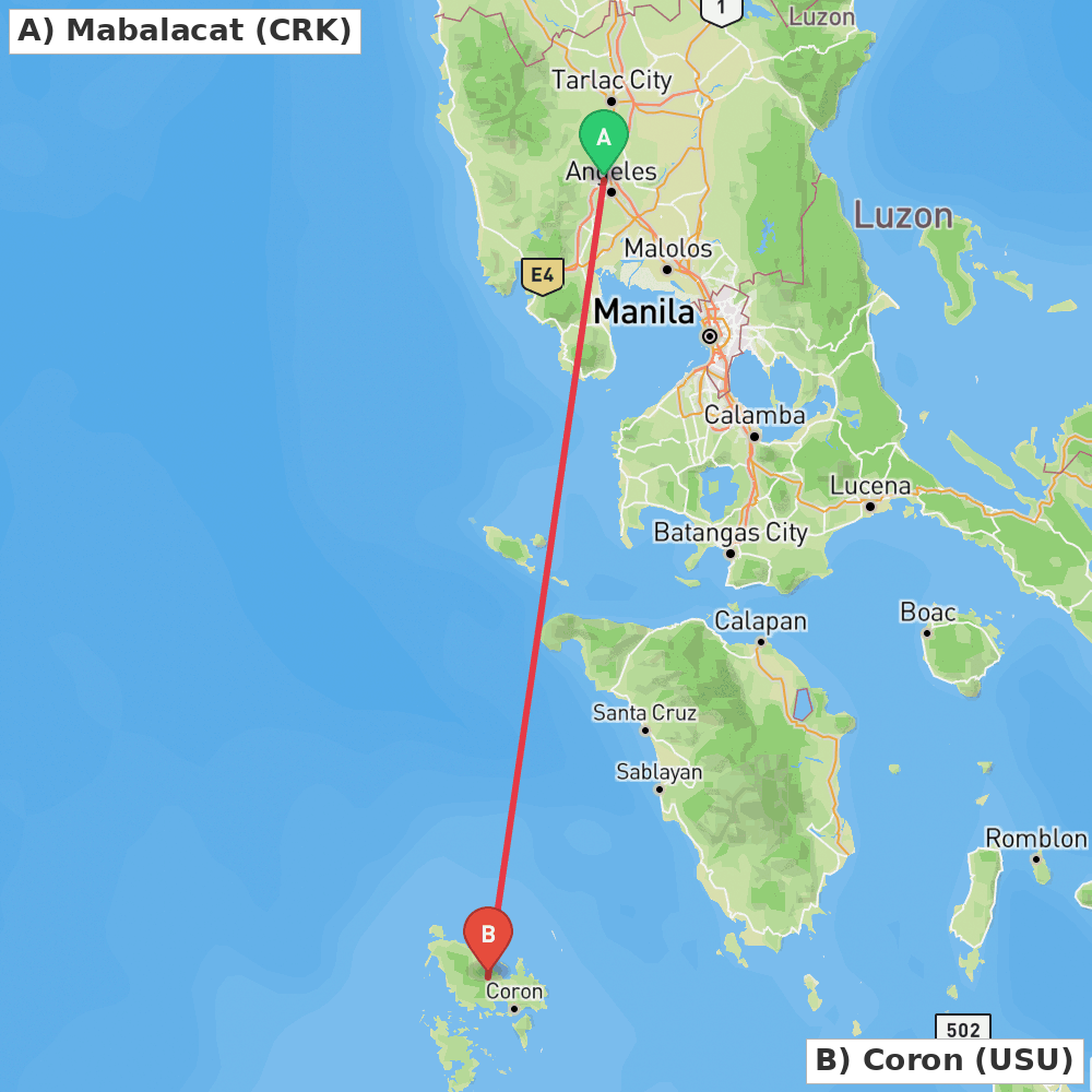 Flight route map from Mabalacat to Coron