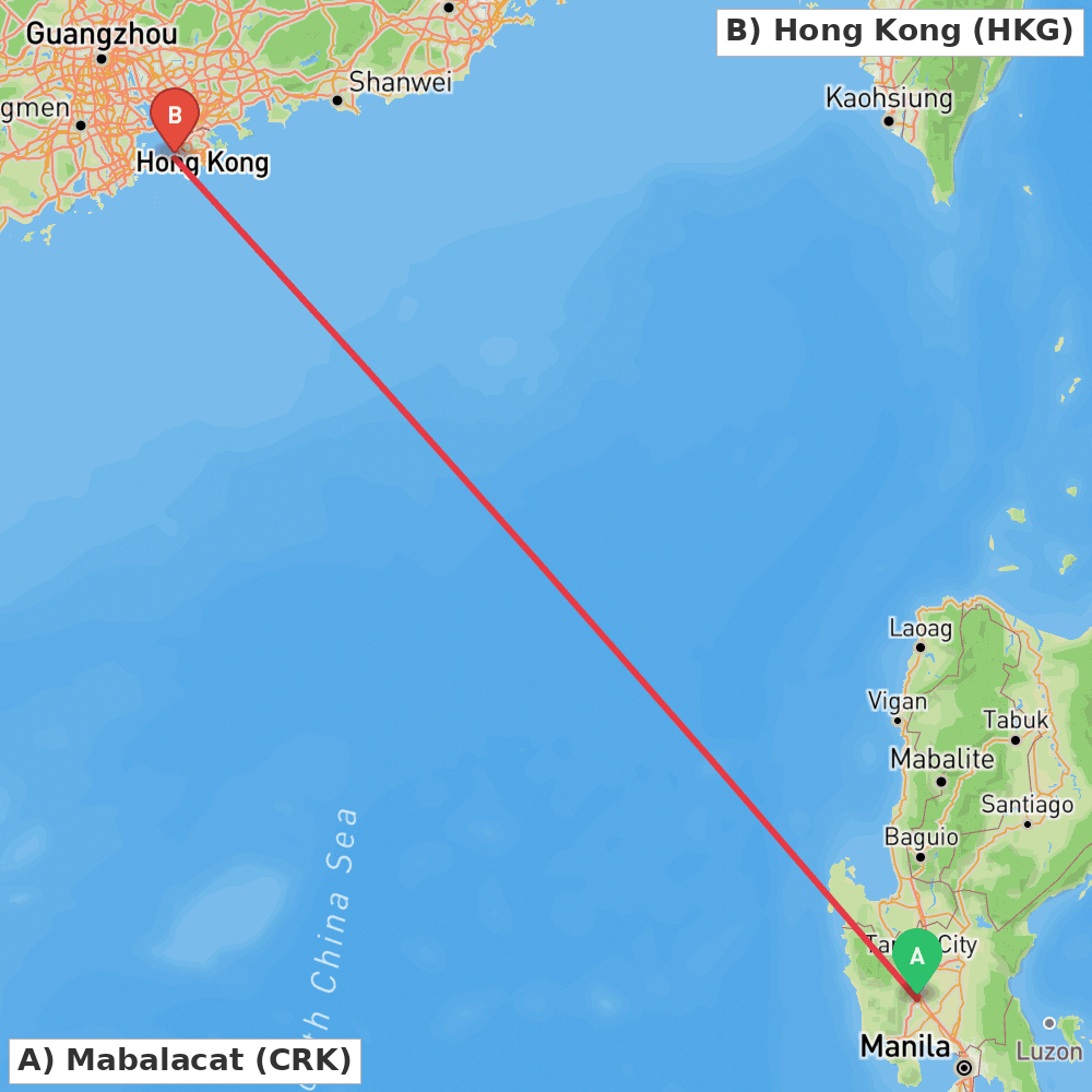 Flight route map from Mabalacat to Hong Kong