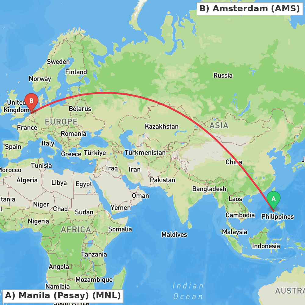 Flight route map from Manila (Pasay) to Amsterdam