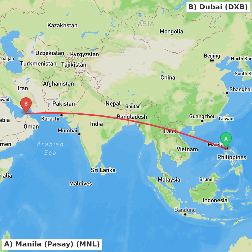 Flight route map from Manila (Pasay) to Dubai